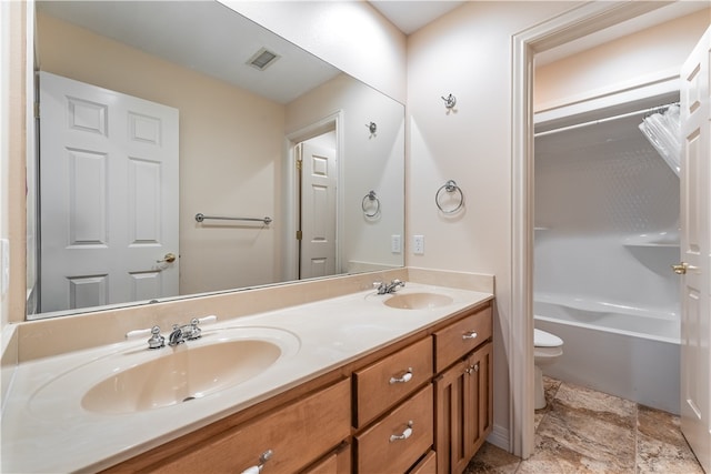 full bathroom with toilet, shower / tub combo with curtain, and vanity