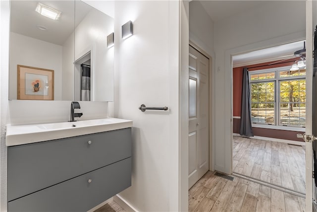 bathroom with vanity and hardwood / wood-style flooring