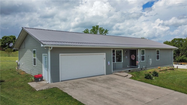 ranch-style home featuring a garage and a front lawn