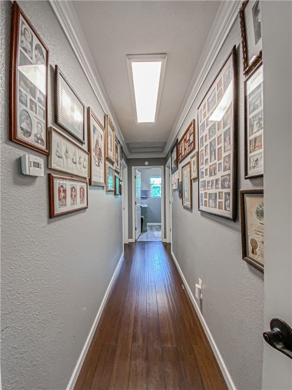 hall with wood-type flooring and ornamental molding