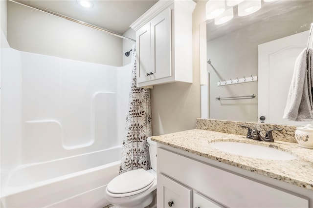 full bathroom featuring vanity, toilet, and shower / bathtub combination with curtain