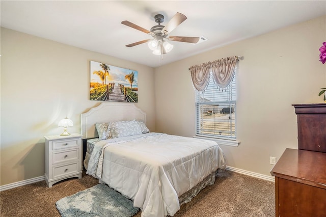 bedroom featuring dark carpet and ceiling fan