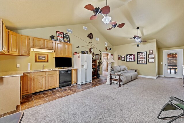 kitchen featuring dark carpet, decorative light fixtures, white fridge with ice dispenser, and black dishwasher