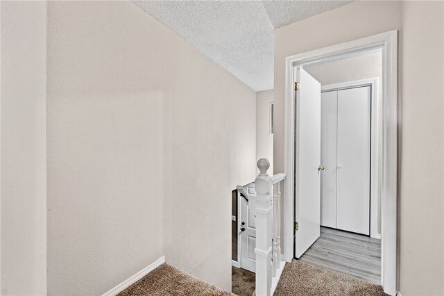 interior space featuring light carpet and a textured ceiling