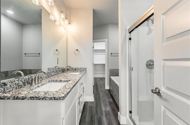 bathroom featuring vanity, independent shower and bath, and wood-type flooring