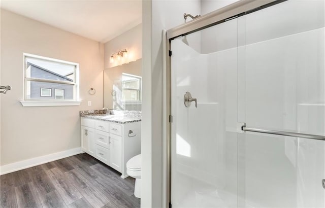 bathroom featuring vanity, toilet, wood-type flooring, and a shower with shower door