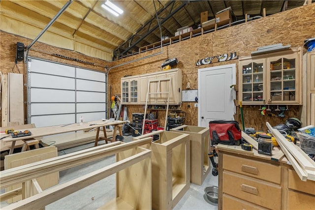 garage with a workshop area