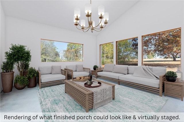 living room with concrete floors, high vaulted ceiling, and a chandelier