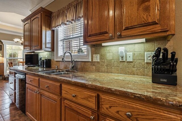 14600 S Mountain, Lowell, AR 72745 - kitchen with dishwashing machine, ornamental molding, a sink, healthy amount of natural light, and backsplash