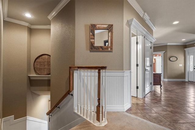 14600 S Mountain, Lowell, AR 72745 - corridor with crown molding, a wainscoted wall, recessed lighting, and an upstairs landing
