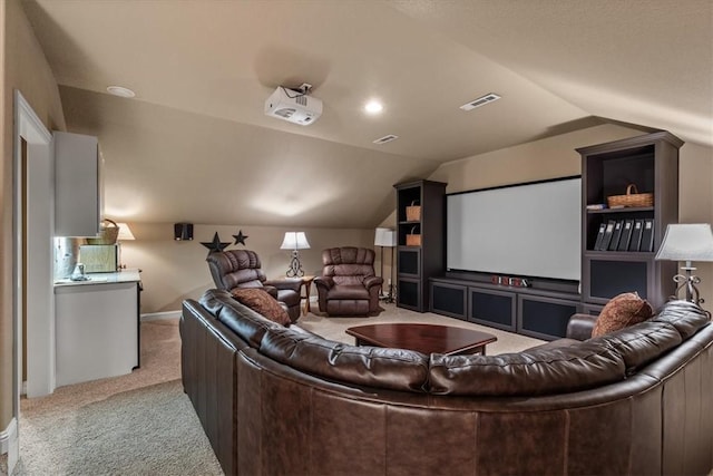 14600 S Mountain, Lowell, AR 72745 - home theater room with light colored carpet, lofted ceiling, and baseboards