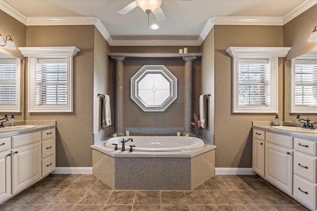 14600 S Mountain, Lowell, AR 72745 - full bathroom with two vanities, crown molding, a garden tub, a ceiling fan, and baseboards