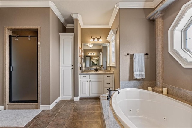 14600 S Mountain, Lowell, AR 72745 - bathroom with a whirlpool tub, vanity, crown molding, a shower stall, and tile patterned floors