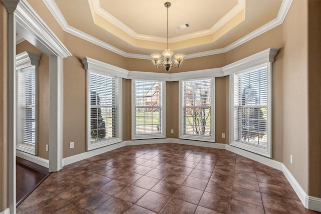 14600 S Mountain, Lowell, AR 72745 - tiled spare room with a tray ceiling, plenty of natural light, a chandelier, baseboards, and ornamental molding