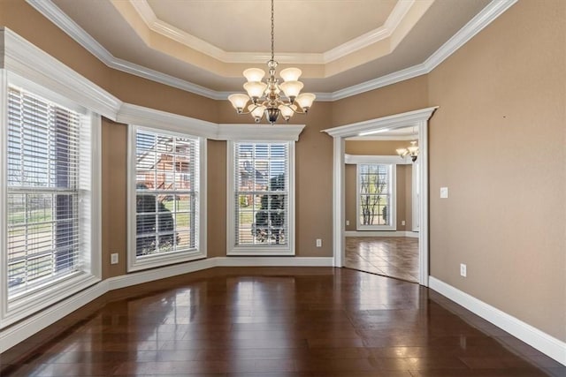 14600 S Mountain, Lowell, AR 72745 - unfurnished dining area with a chandelier, a raised ceiling, baseboards, wood-type flooring, and crown molding