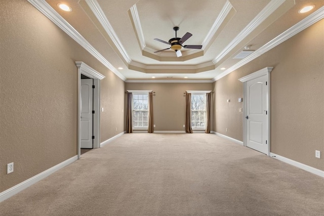 14600 S Mountain, Lowell, AR 72745 - empty room with ceiling fan, a raised ceiling, carpet flooring, crown molding, and a textured wall