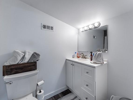 bathroom with toilet, vanity, and wood-type flooring