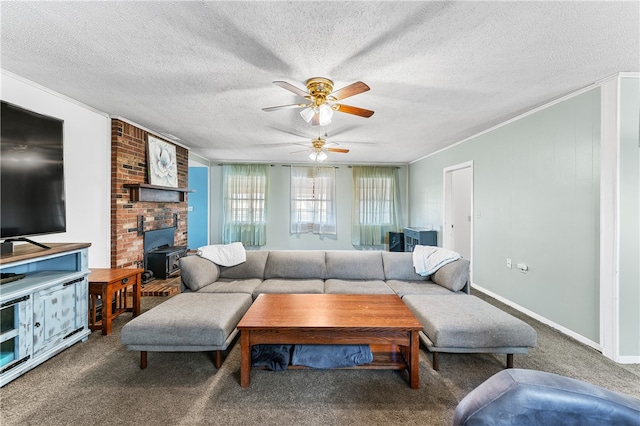 carpeted living room featuring ceiling fan, a wood stove, and a textured ceiling