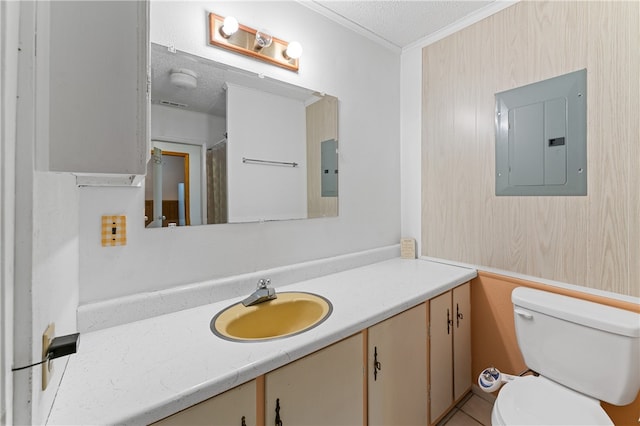 bathroom with electric panel, a textured ceiling, toilet, vanity, and crown molding