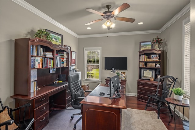 office area with ceiling fan, ornamental molding, and dark hardwood / wood-style floors