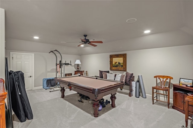 rec room with light carpet, billiards, and ceiling fan