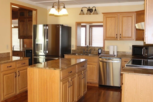18960 Coppermine Rd, Rogers, AR 72756 - kitchen with dark wood-type flooring, a center island, stainless steel appliances, stone counters, and a sink