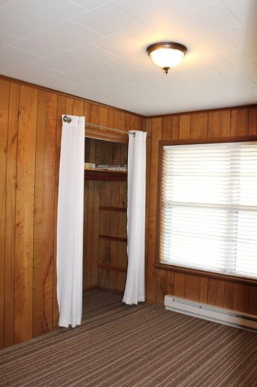 18960 Coppermine Rd, Rogers, AR 72756 - carpeted spare room featuring a baseboard heating unit and wood walls