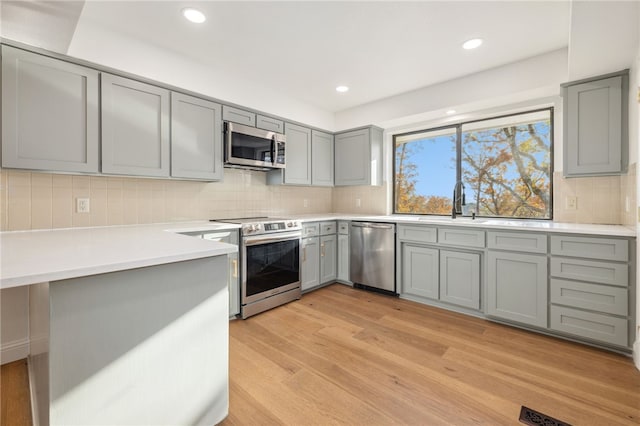 kitchen with sink, appliances with stainless steel finishes, gray cabinetry, tasteful backsplash, and light wood-type flooring