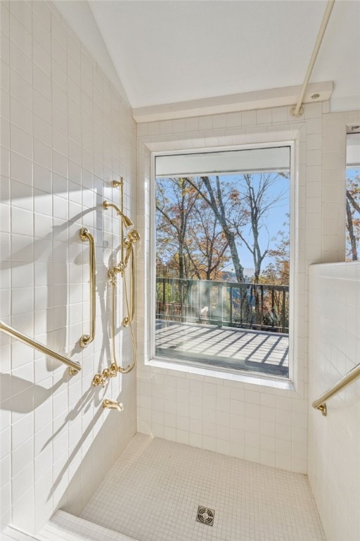 bathroom with vaulted ceiling