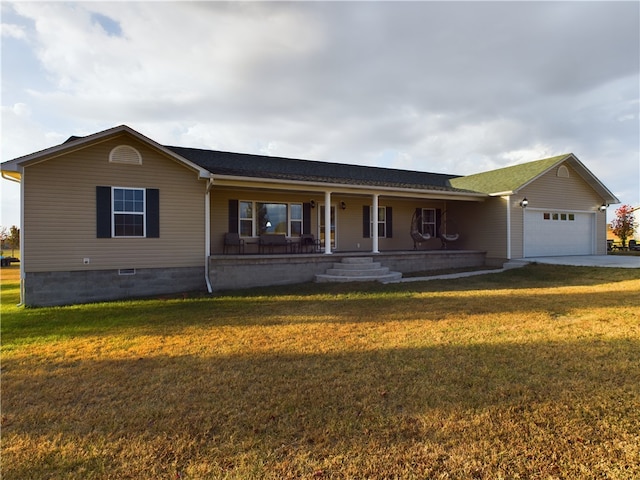 single story home with a garage, covered porch, and a front yard