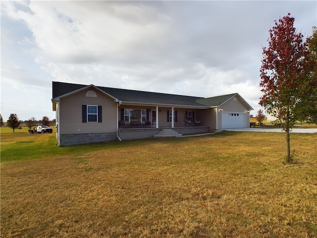 ranch-style home with a porch, a garage, and a front yard