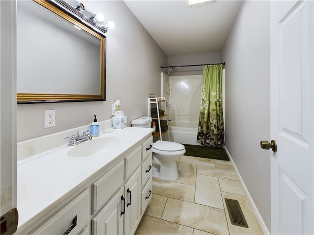 full bathroom with tile patterned floors, shower / bath combo, toilet, and vanity