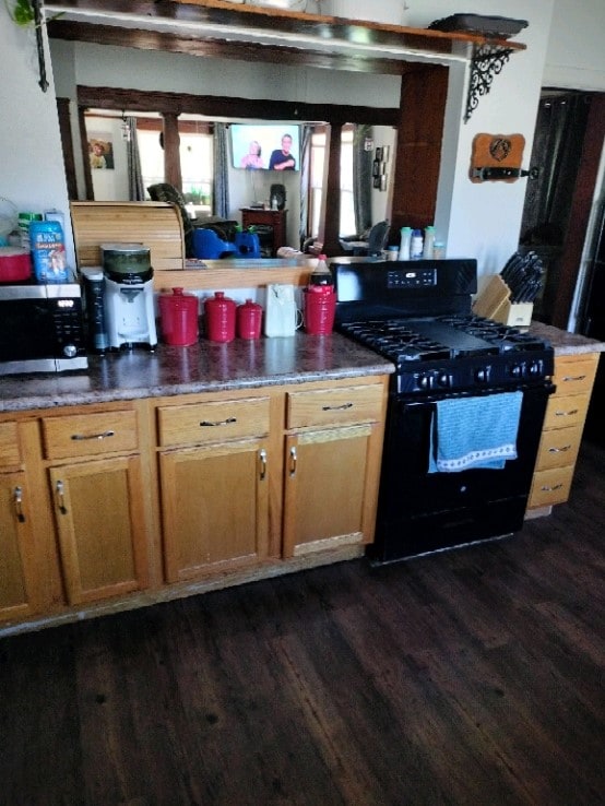 kitchen with gas stove and dark hardwood / wood-style flooring