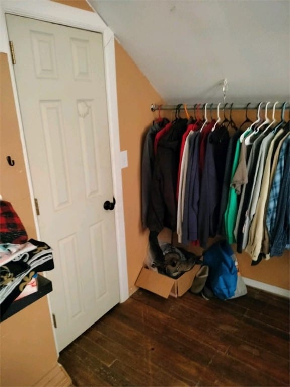 spacious closet with dark hardwood / wood-style flooring