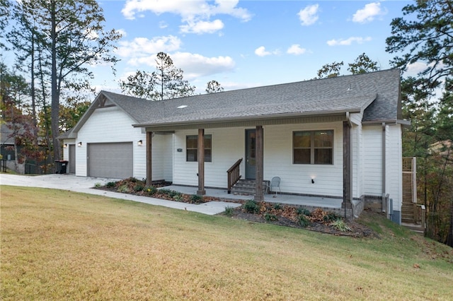 ranch-style house with a porch, a front lawn, and a garage