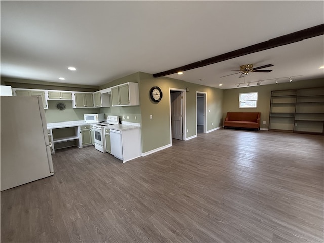 kitchen featuring white appliances, ceiling fan, beamed ceiling, white cabinets, and dark hardwood / wood-style floors