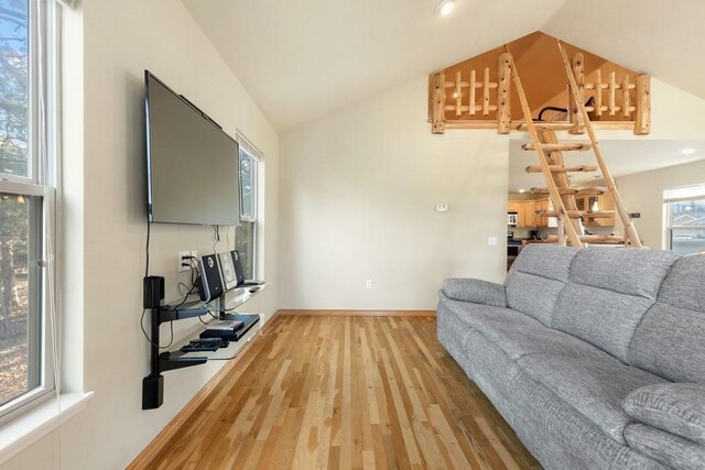 living room featuring hardwood / wood-style flooring and vaulted ceiling