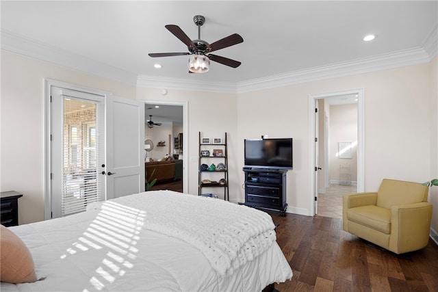 bedroom with connected bathroom, access to exterior, dark wood-type flooring, and ceiling fan