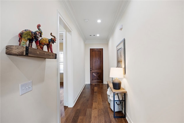 corridor with crown molding and dark hardwood / wood-style flooring