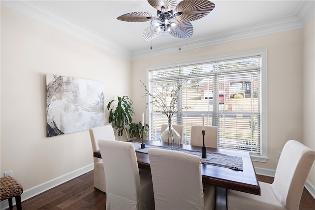 dining room with dark wood-type flooring, ceiling fan, a healthy amount of sunlight, and ornamental molding