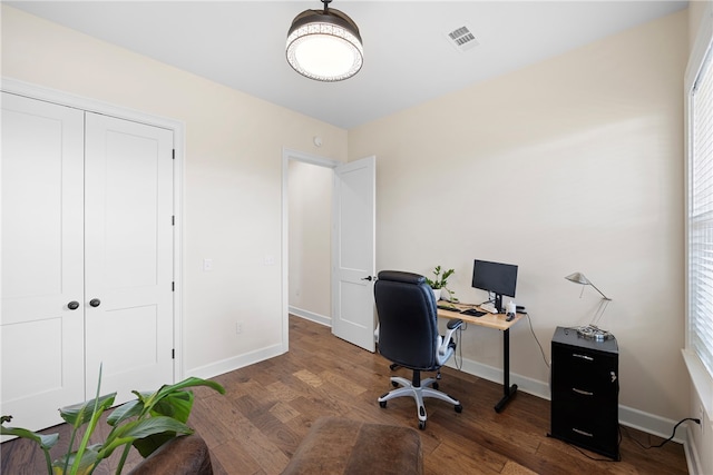 office space featuring dark hardwood / wood-style floors