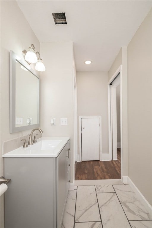 bathroom with vanity and wood-type flooring