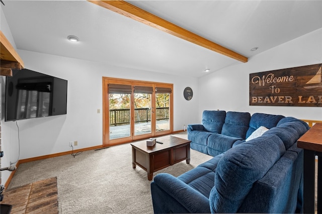 carpeted living room featuring vaulted ceiling with beams, baseboards, and recessed lighting