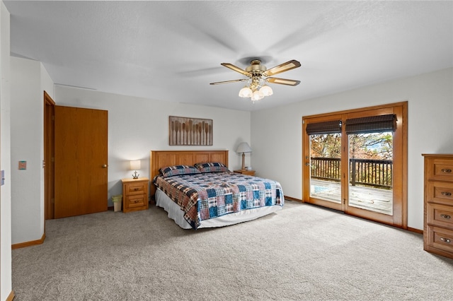 bedroom featuring carpet floors, access to outside, baseboards, and a ceiling fan