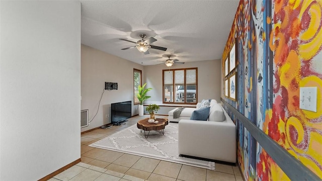 tiled living room with a textured ceiling