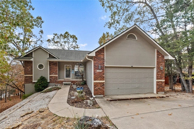 ranch-style house with a porch, brick siding, and driveway