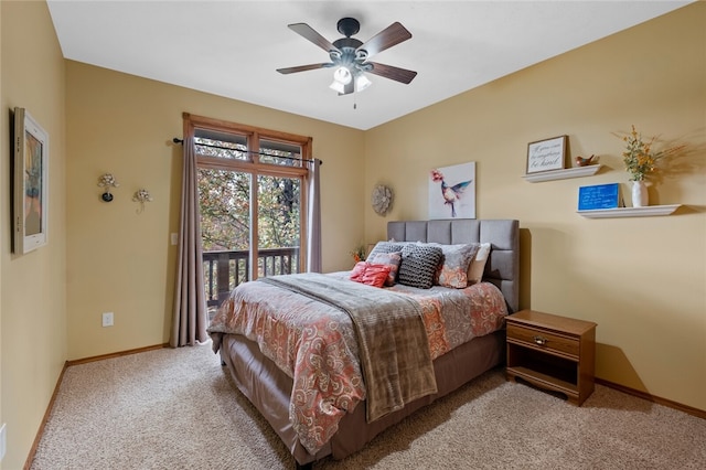 bedroom with a ceiling fan, access to outside, baseboards, and carpet flooring