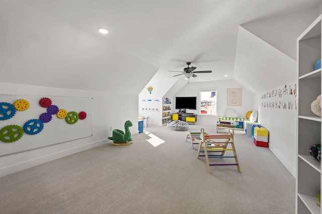 rec room with lofted ceiling, carpet flooring, and ceiling fan