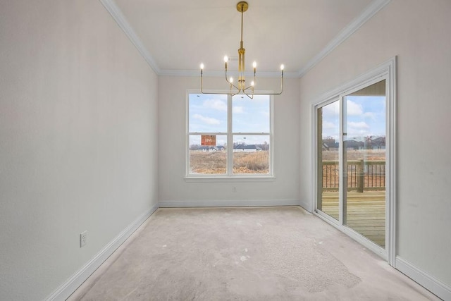 unfurnished dining area with a chandelier, unfinished concrete floors, baseboards, and ornamental molding