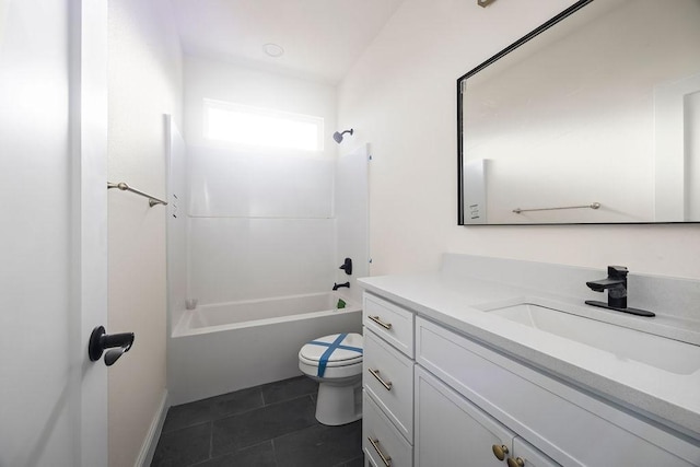full bath featuring shower / bath combination, toilet, vanity, and tile patterned flooring